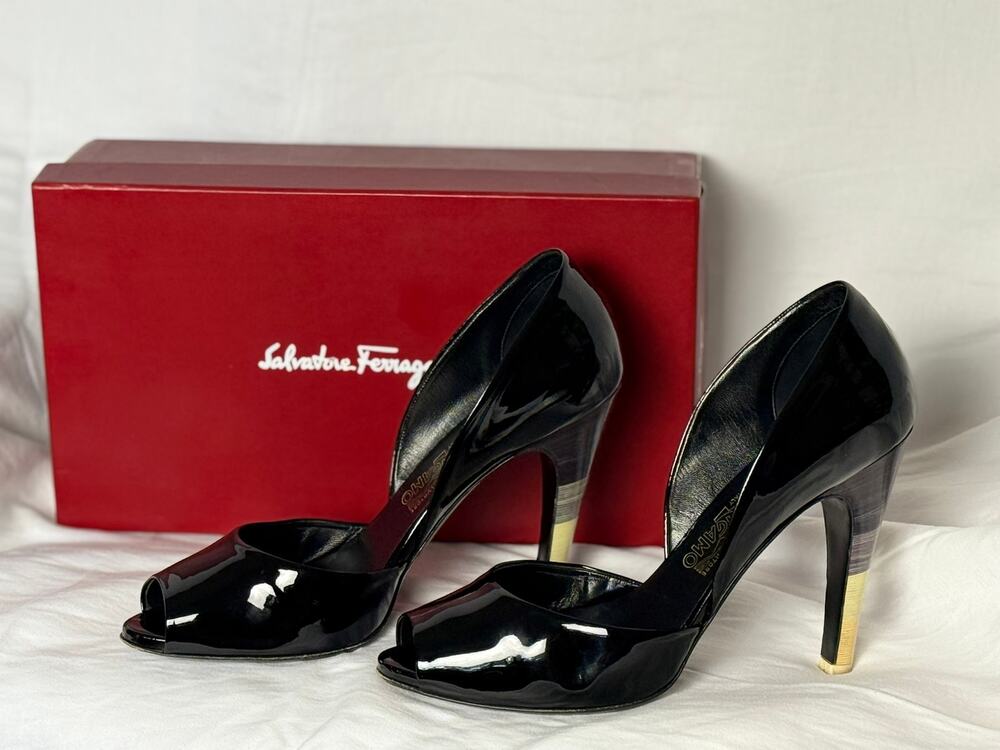 Salvatore Ferragamo Paulette Black Patent Peep Toe Pumps Size 10 B